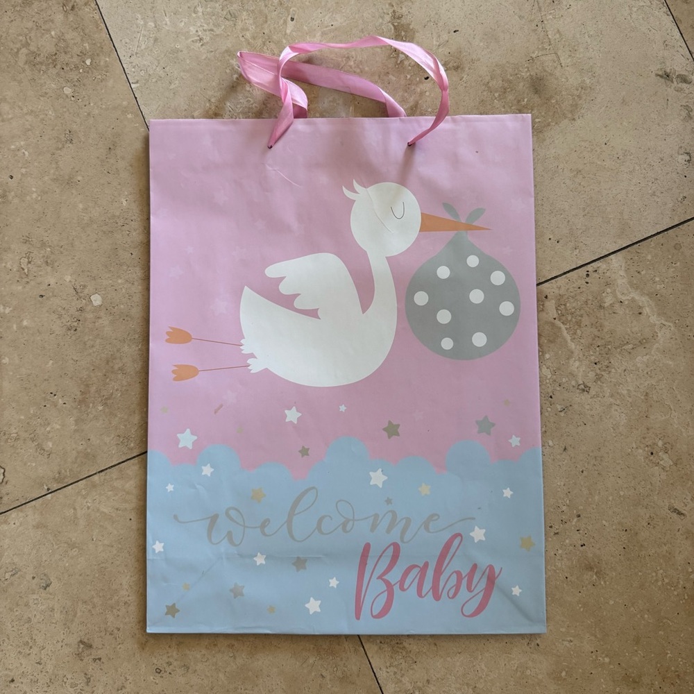 Pink stork baby shower gift bag